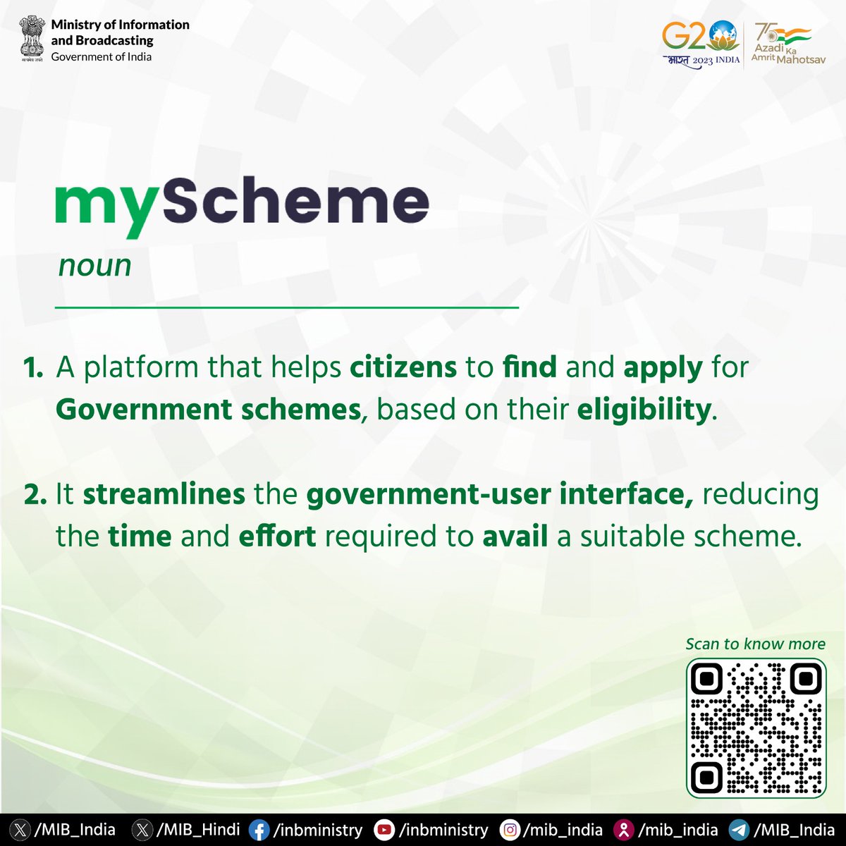 MIB_India's tweet photo. Introducing #myScheme!🌐

A platform that helps citizens find the right Government schemes for them, based on their eligibility. By streamlining the government-user interface, it reduces the time and effort required to discover a suitable scheme.💻

#TuesdayTrivia @GoI_MeitY @DARPG_GoI @AshwiniVaishnaw @Rajeev_GoI
