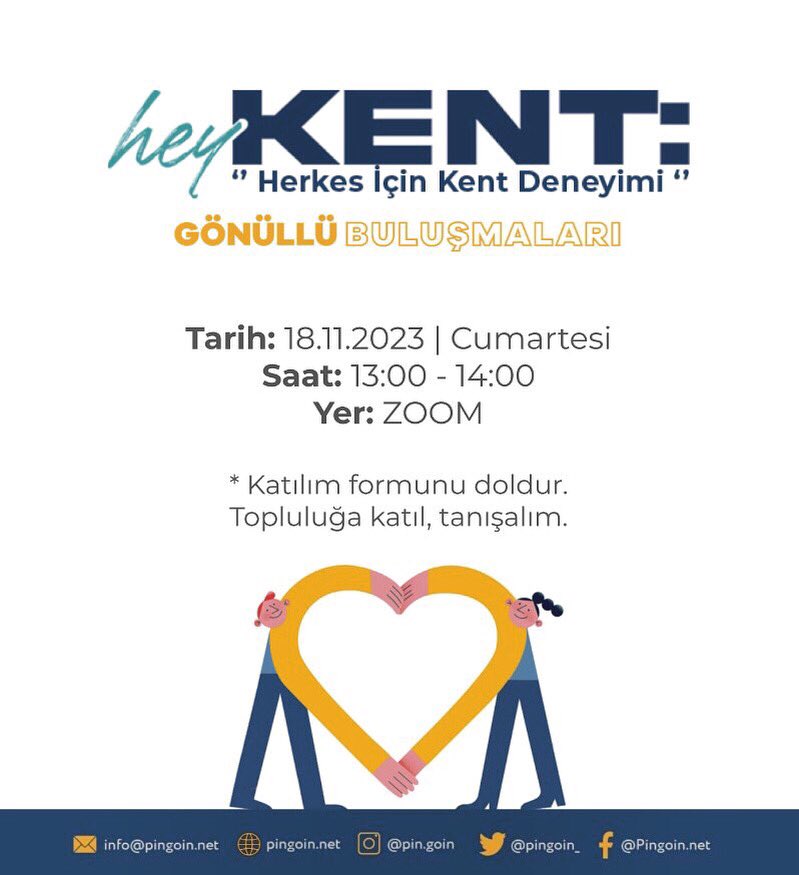 Sevgili PinGOin gönüllüsü, sana bir haberimiz var. 🌟

PinGOin’den ve HeyKENT topluluğumuzdan bahsedeceğimiz zoom buluşmamıza davetlisin. 👩🏻‍💻🧑🏻‍💻

Cumartesi günü 13.00’da buluşuyoruz. Formu doldur, online buluşmaya katıl, topluluğun parçası ol! 🥳

bit.ly/HeyKENT