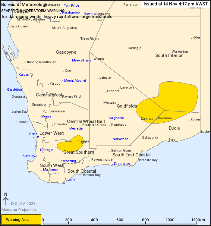 weather_wa's tweet image. A Severe Thunderstorm Warning Has Been Issued For Parts Of The #Goldfields, #Eucla, South Interior, #GreatSouthern And Central #Wheatbelt Districts 🌩️ #WAFarmers #WAWeather #WesternAustralia