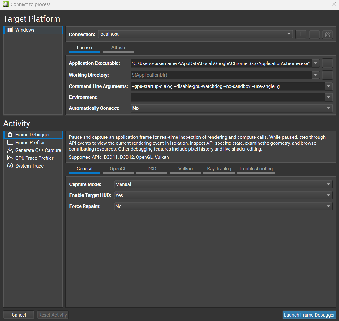 cdyk's tweet photo. @m_fedorko Sure, this is my process setup to launch chrome from nsight (notice command line args + automatically connect: no). When chrome launches, there is a popup-window with the GPU process id. Switch to the "attach" tab and find this process, and attach. Then close the popup. https://t.co/xiaB8b49qX