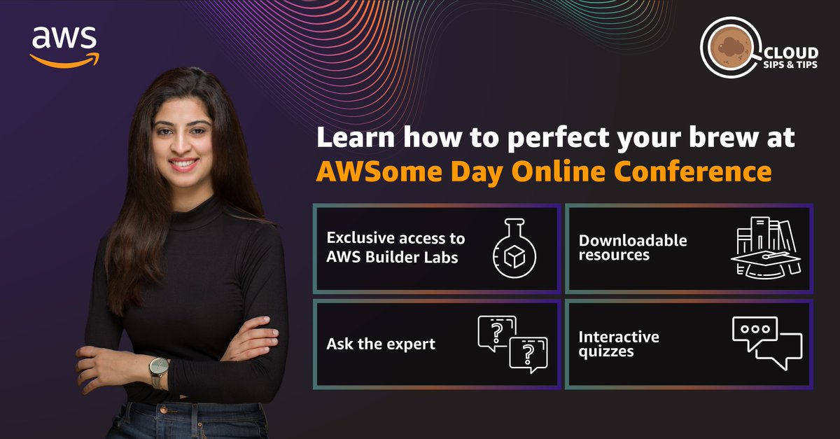 Disha_Babla's tweet photo. Join us at #AWSomeDay on 16 November to learn how you can unlock your full potential with cloudcomputing! 

Reserve your spot today:https://t.co/o8XJZ4k8ld

#CloudSipsAndTips #AWSomeDay #AWS  #CloudComputing #Cloud https://t.co/Ehf50mRAKH