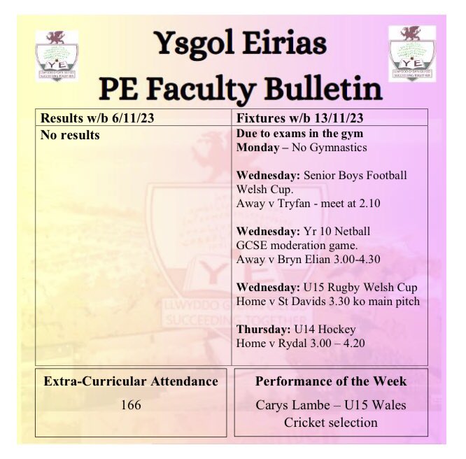 Change of date
U15 rugby fixture is Wednesday this week.