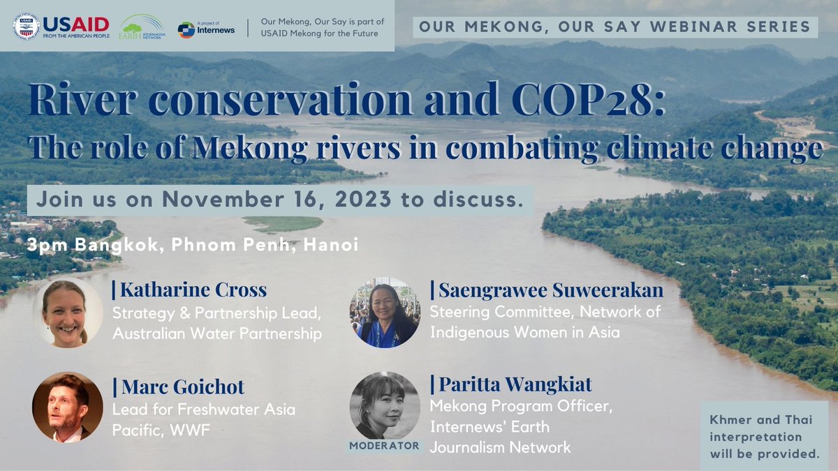Mekong Eye (@mekongeye) on Twitter photo Join <a href="/earthjournalism/">Earth Journalism Network</a> webinar on Thursday. We'll cover:
🌊The role of Mekong rivers in climate resilience
🌏How the Mekong region links to the global process of water conservation and COP28
👩👧👧How local communities enhance river conservation
Register: buff.ly/3QgF5rE Join <a href="/earthjournalism/">Earth Journalism Network</a> webinar on Thursday. We'll cover:
🌊The role of Mekong rivers in climate resilience
🌏How the Mekong region links to the global process of water conservation and COP28
👩👧👧How local communities enhance river conservation
Register: buff.ly/3QgF5rE