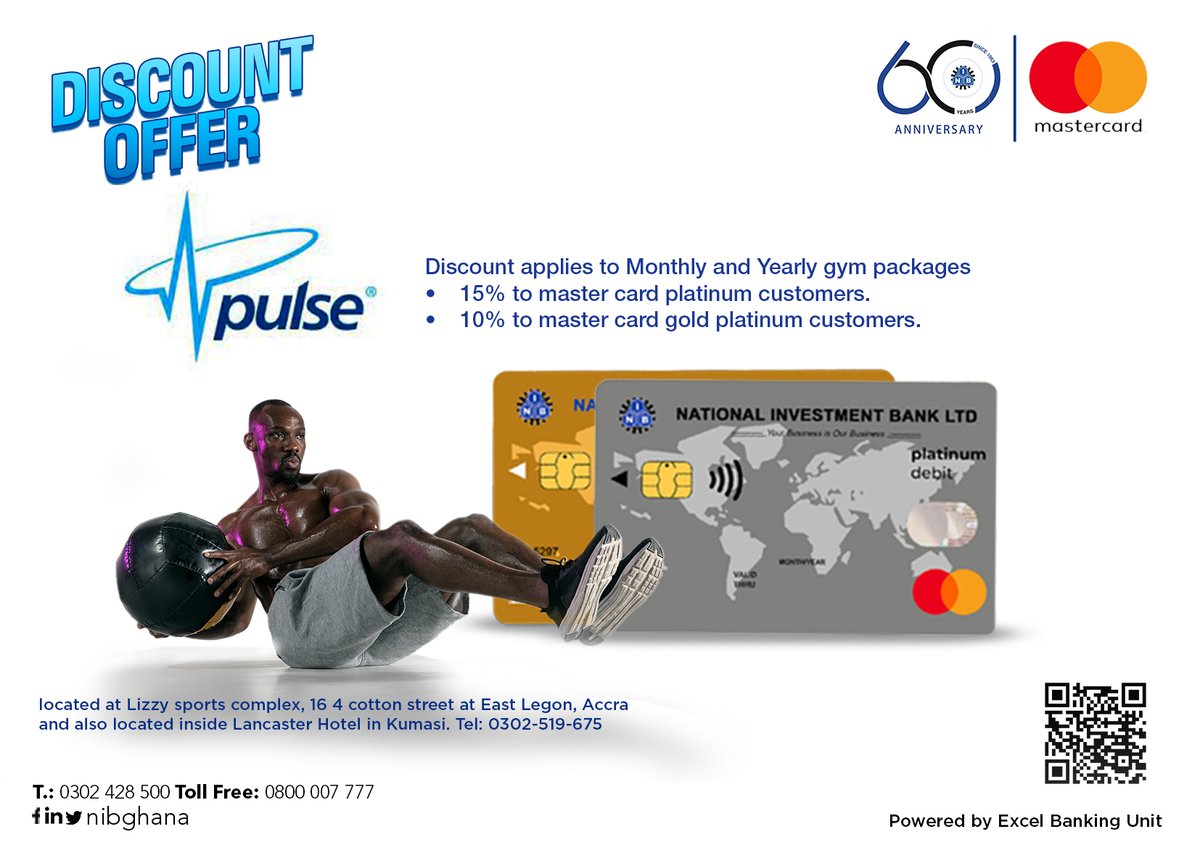 NIBGHANA's tweet photo. NIB in partnership with Pulse Fitness Ghana is offering a mouth watering discount gym services for all NIB Mastercard holders.
Get your NIB Mastercard today to enjoy great discount services.
#NIB
#Mastercard
#Fitness
#discountservices
#NIBYourbusinessisourbusiness https://t.co/kTXKtfRjiR