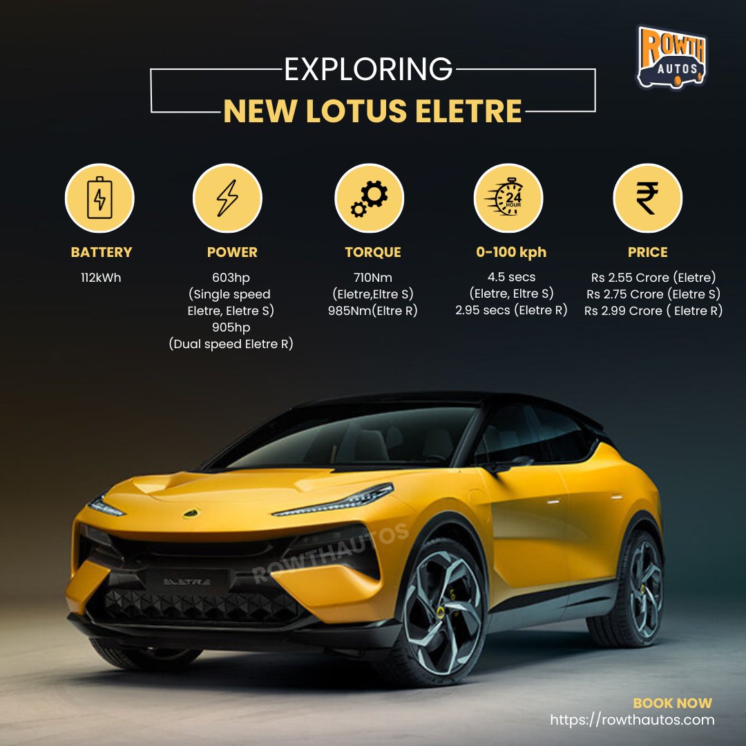 rowthautos1's tweet photo. Lotus marks its debut in India with the launch of the Eletre SUV, priced at Rs 2.55 crore.

Book Now https://t.co/LgCptNOdPV

@lotuscars #lotus #LotusEletre #Eletre #SUV #carnews #automotivenews #amazingcars247 #dreamcar   #carsofinstagram #instadaily  #Rowthautos https://t.co/rmE8VXo8BT