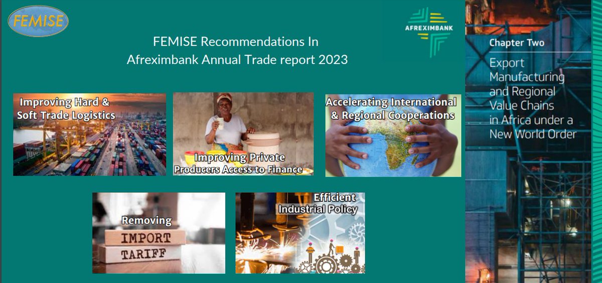 femisenetwork's tweet image. #FEMISE recommendations in @afreximbank Annual Trade Report 2023:
🥡Removing imports tariffs
🚢Improve trade logistics
📜Efficient industrial policies
🫰Improve producers access to finance 
🌍International &amp;amp; regional cooperation

Checkout the full report➡️bit.ly/3MFizYl