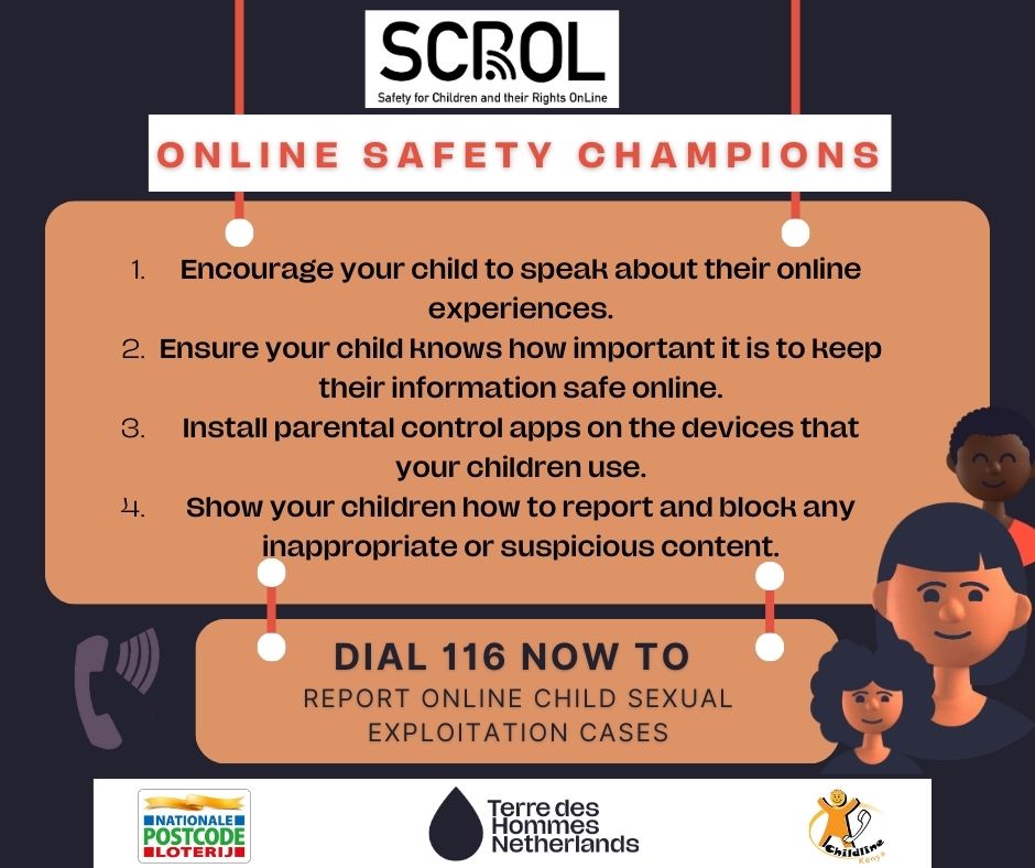 tdhnl_africa's tweet photo. 👨‍👩‍👧‍👦 All parents can actively help protect their children's safety online. Here is a useful tip to adopt; Encourage open communication and utilize parental control software. Be an online safety champion for your children. Play your role.  

#OnlineSafetyChampions 
#EndOCSE https://t.co/PBFDOswuMo