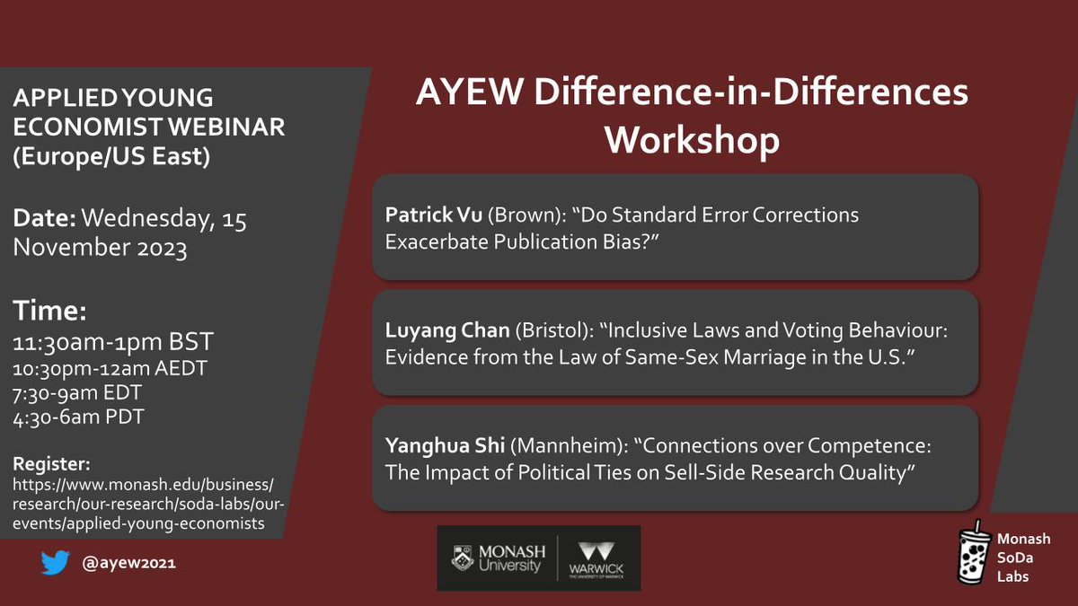 TOMORROW (15 November): AYEW Difference-in-Differences Workshop! Join us at 11:30am BST to listen to Patrick Vu (@Brown_Economics), @chenluyang_econ (@BristolUniEcon) and Yanghua Shi (@EconUniMannheim) Sign up for Zoom details: monash.edu/business/impac…