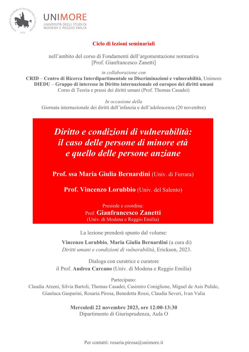📌#Seminario #Diritto e condizioni di #vulnerabilità: il caso delle persone di minore età e quello delle persone anziane, patrocinio 👉#GruppinteresseSIDI #Dirittointernazionale ed europeo #dirittiumani #DIEDU #22novembre 2023 ore 12 #Modena #Libri #anziani #minori #dirittiumani