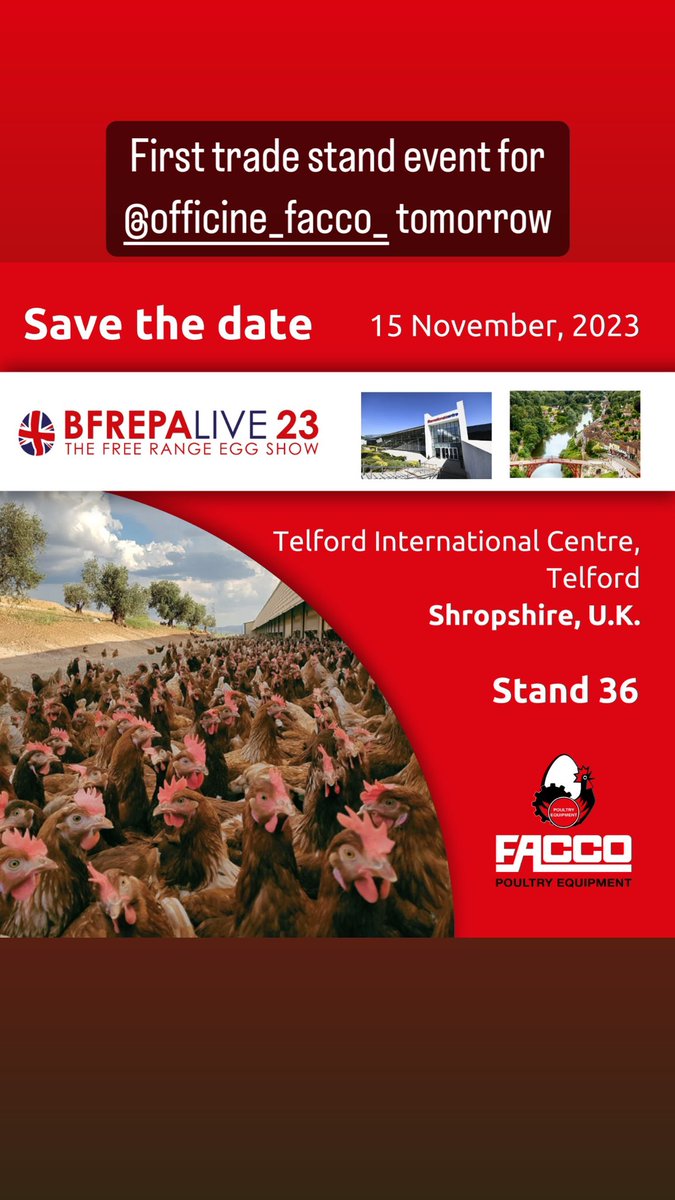 Tomorrow I will be attending the <a href="/BFREPA/">British Free Range Egg Producers Association</a> conference with  <a href="/OfficineFacco/">Officine Facco</a> showcasing our free range laying solutions,we have the widest array of options on the market, find us at stand 36, also a chance to try our smart farm interactive glasses tech #farming
