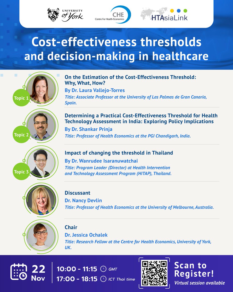 Only 3 days left! — Join our upcoming webinar series on 'Cost-effectiveness thresholds and decision-making in healthcare' hosted by the HTAsiaLink, @YorkUniversity, the @CHEyork, and @HITAP_Thailand. 🗓️ Nov 22, 2023 (Wed) ⏰ 10:00 AM (GMT) 🔗 Register: us06web.zoom.us/webinar/regist…