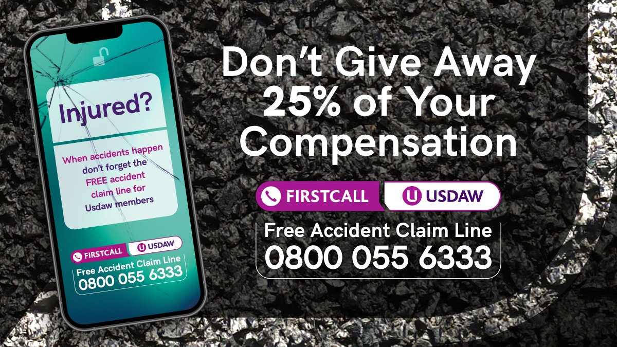 If you have an accident, high street solicitors can take up 25% of your compensation. With FirstCall Usdaw you keep 100% of your compensation - no costs, fees or deductions. Call FirstCall Usdaw on 0800 055 6333.