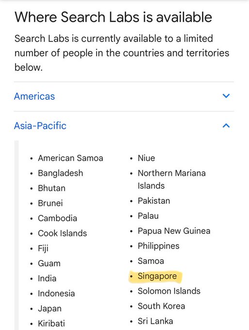 SGE (Search Generative Experience, https://t.co/vHMxMGJPxs) available in Singapore, https://t.co/IQBWqYm8es