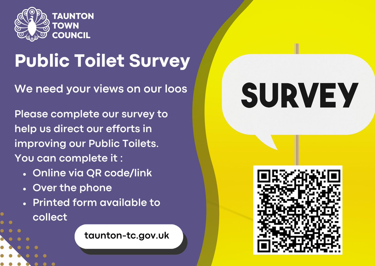 You can complete our survey online, by scanning the QR code on this post, clicking this link 👉ow.ly/36eq50PR7Za, call us on 01823 793637 or pick up a paper copy from Taunton Library or the Visitor Centre, Market House. 🆘✍️🚽#ThisIsTaunton