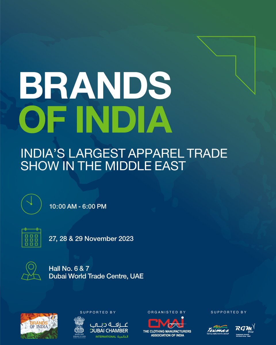 27-29 November: As part of our support to Brands of India, join India's largest apparel trade show in the Middle East, taking place at Dubai World Trade Centre, between 27-29 November. Register now here: bit.ly/47vEgSH
@CMAI_Official