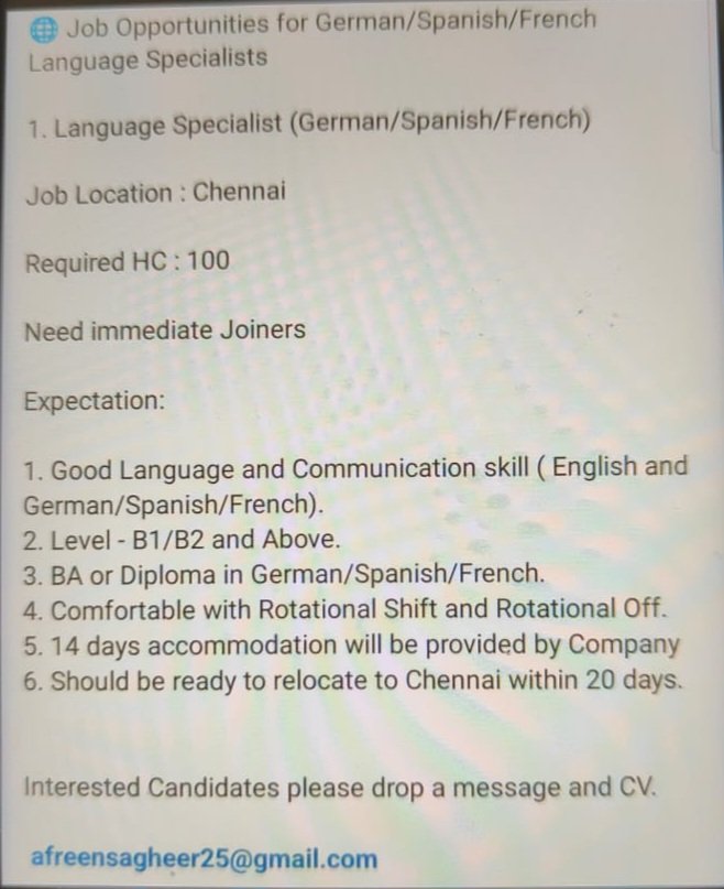 Please repost so more people see this.
May help someone.
🙏🏾🙏🏾

#Chennai #ChennaiJobs #french #FrenchJob #German #GermanLanguageJobs #GermanJobs #Spanish #SpanishLanguageJobs #SpanishJobs #frenchLanguage