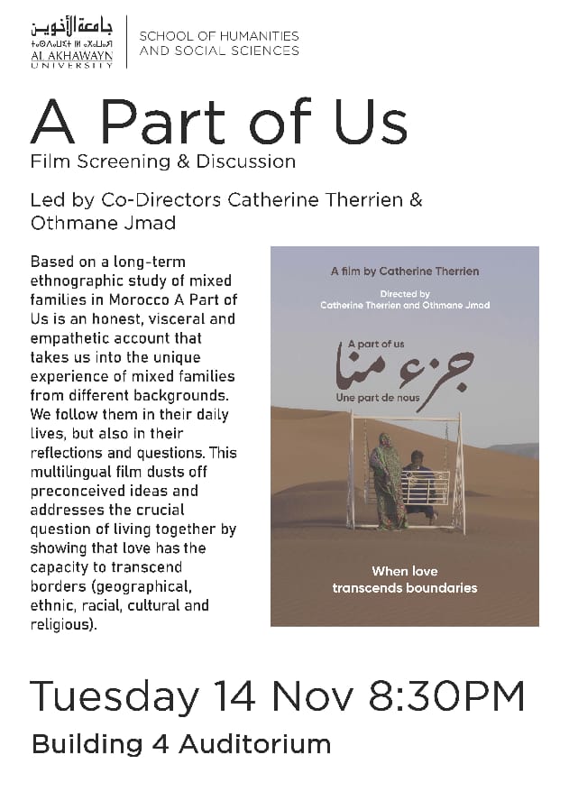 📷This is TONIGHT! «A part of us» Film Screening and Discussion at 8:30PM, <a href="/AlAkhawayn/">AlAkhawayn University in Ifrane</a> University in Ifrane, Building 4 Auditorium, with Catherine Therrien (AUI - #ITHACAhorizon)