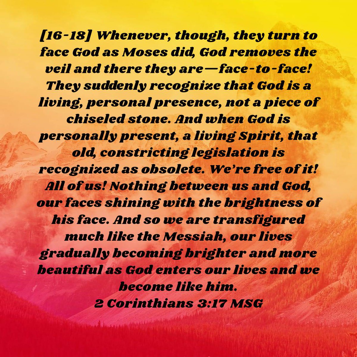 BarbaraOneBowen's tweet photo. 2 Corinthians 3:17 MSG
[16-18] Whenever, though, they turn to face God as Moses did, God removes the veil and there they are—face-to-face! They suddenly recognize that God is a living, personal presence, not a piece of chiseled stone. https://t.co/RfmDipcmWI