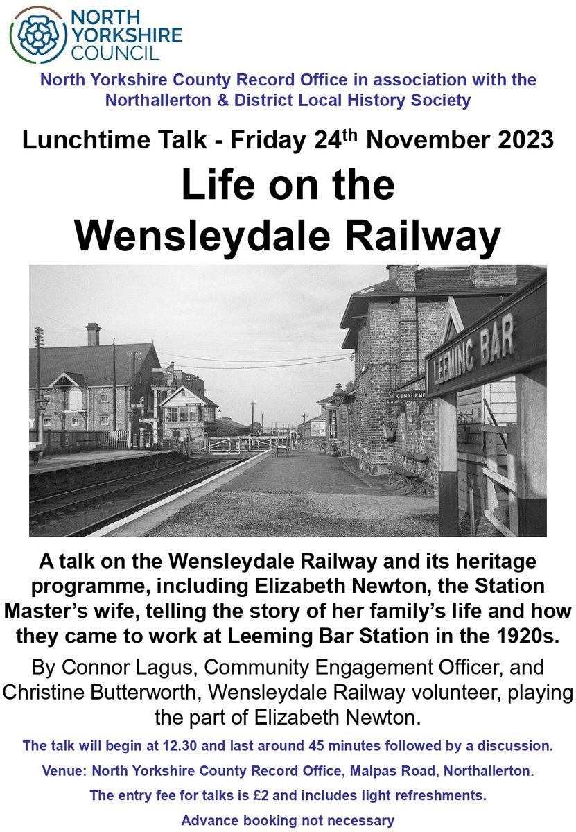 Life on the #WensleydaleRailway - Join us and learn more about our #railway’s #heritage programme and the life of Mrs Newton, Leeming Bar Station Master’s wife, in the 1920s! The entry fee for talks is £2 and includes light refreshments. #northallerton #yorkshire #railwayhistory