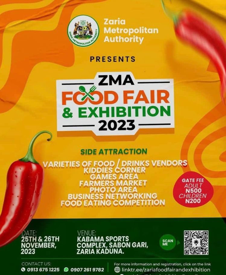 Excitement awaits in Zaria!!!🕺💃 Join us at the ZMA Food Fair & Exhibition 2023, just approx 11 days away at the Kabama Sport Complex, Sabon Gari, Zaria Kaduna. Get your tickets ASAP for a feast of flavors and unforgettable experiences! 🔥