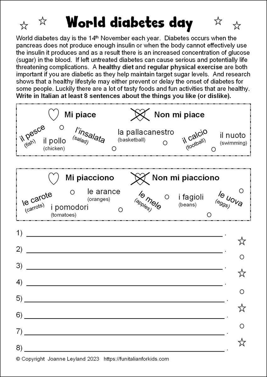 FunItalian_kids's tweet image. World diabetes day is the 14th November each year and is a good opportunity to discuss in Italian the importance of eating healthy food / doing exercise. On funitalianforkids.com I have uploaded a worksheet for teaching #Italian. #ItalianClass #DiabetesDay #ItalianForKids #mfl