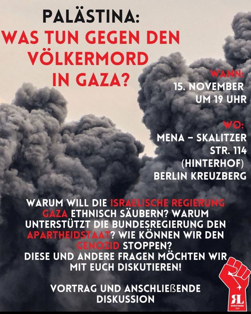 Veranstaltungshinweis:
Palästina: was tun gegen den Völkermord

Wo: Mena | Skalitzer Str 114 (Hinterhof) Berlin-Kreuzberg 
Wann: Mittwoch, 15.11 um 19 Uhr

@JSNahost @PalestinSpricht @nakba_75 @RevSocGlobal