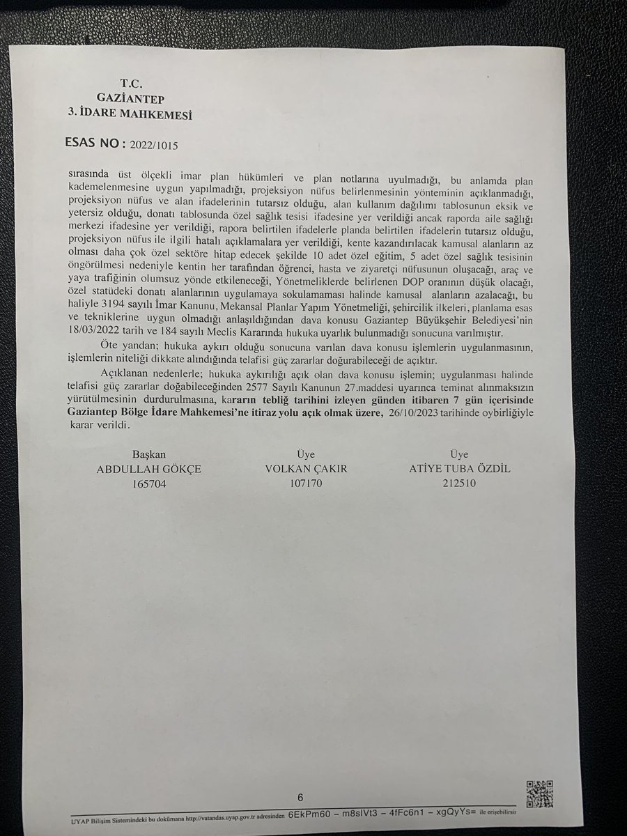 İl Başkanı olarak görev yaptığım dönemde 5. Zırhlı Tugay arazisinin <a href="/GaziantepBeld/">Gaziantep Büyükşehir</a> tarafından yapılaşmaya açılmasına ilişkin imar planının iptali istemiyle açmış olduğumuz davada İdare Mahkemesi 2. Kez yürütmenin durdurulmasına karar verdi. <a href="/avgulsahdeniz/">Gülşah DENİZ-ATALAR</a>