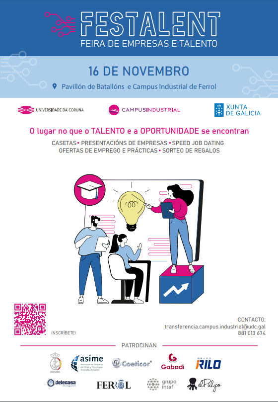 Empregoudc's tweet photo. FESTALENT - Feira de emprego e talento o 16 de novembro no Pavillón de Batallóns e Campus Industrial de Ferrol.
https://t.co/lPuIGFZ6eL https://t.co/XUIkeFt3xu