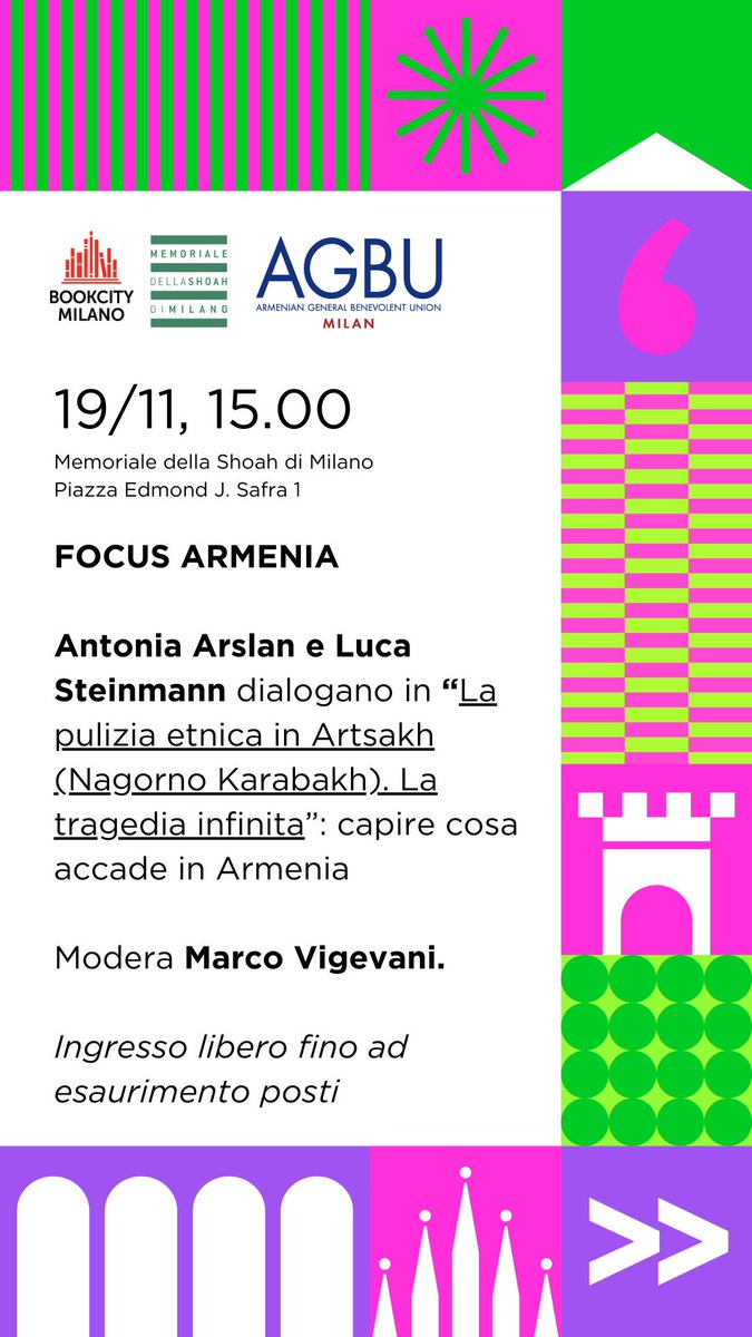 Domenica prossima a Bookcity #Milano insieme ad Antonia Arslan e Marco Vigevani per raccontare l'esodo degli armeni dal #Nagorno #Karabakh. Avvenuto poco più di un mese fa ma ormai dimenticato dai più perchè oscurato da altre guerre che fanno più notizia.