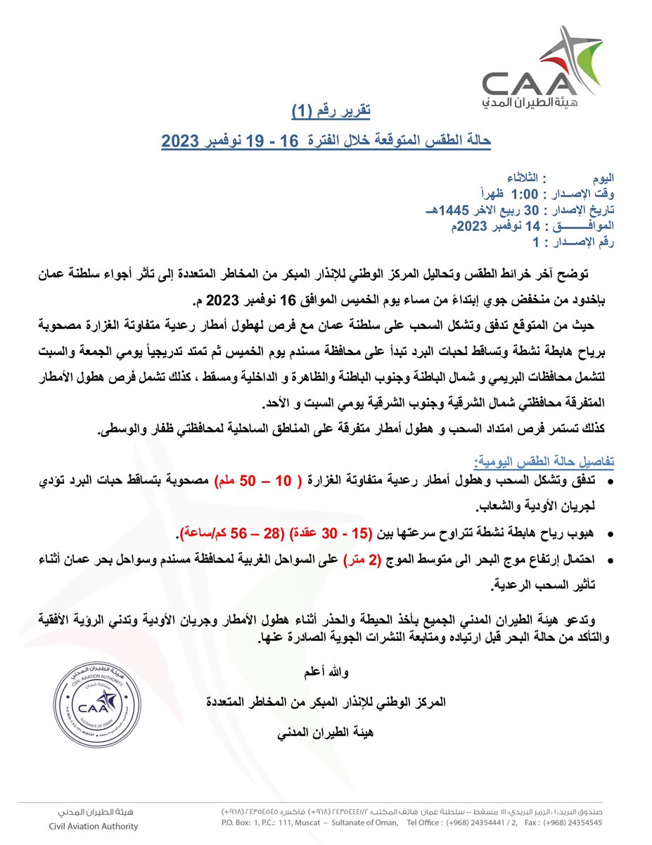 vww_u's tweet photo. تقرير رقم (1)
حالة الطقس المتوقعة خلال الفترة  16 - 19 نوفمبر 2023
#شبكة_أخبار_الغيث

Weather Report (1)
Weather condition during 16th – 19th of November 2023
#Ghaith_News_Network https://t.co/aIxJZKAa7w
