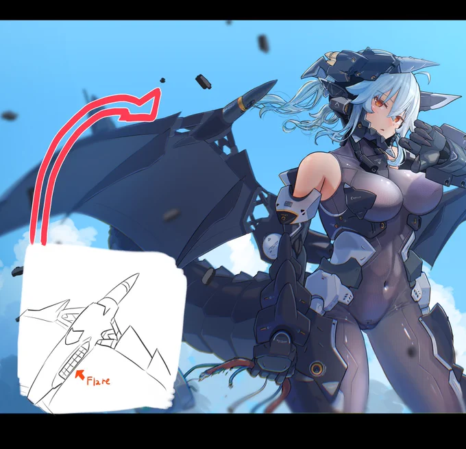 M004さんの羽M004さんの羽は空中輸送機から降下し滑空するためにあります。+自立である程度高度を稼ぐためにジェットがついていますが、赤外線ミサイルなどにロックオンされてしまう無防備な状態です。その為羽根の裏にフレアがついています。作戦によってはECMを増設したりも可能です。#うちの子 