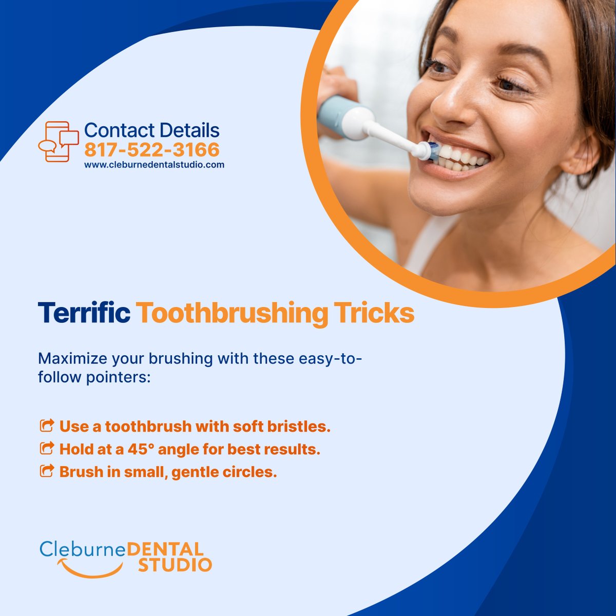 cleburnedntlstd's tweet image. Optimize your dental routine with simple brushing tips: utilize a soft-bristle toothbrush, hold it at a 45° angle for peak effectiveness, and make sure to brush in small, gentle circles.

#DentalCare #ToothbrushingTips #CleburneTX