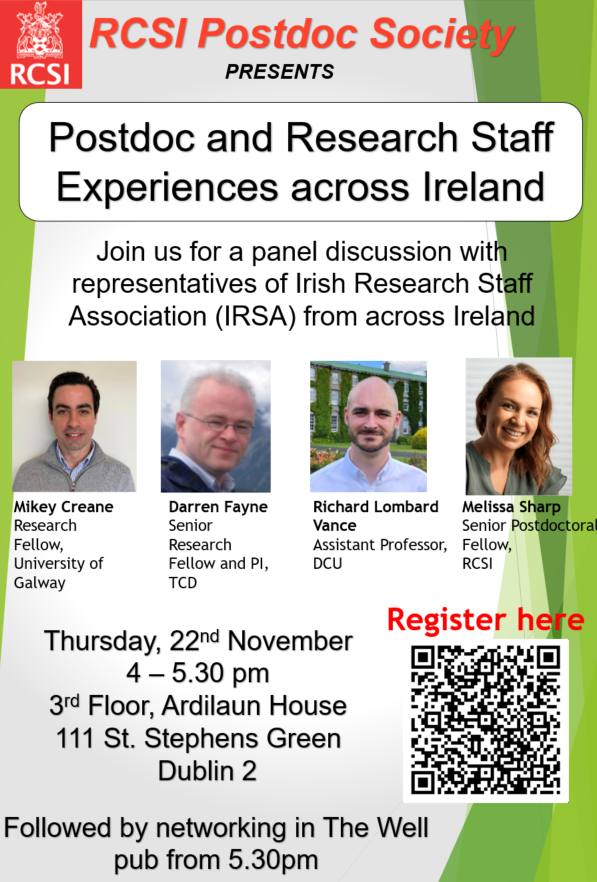 RCSI PostDocs (@postdocrcsi) on Twitter photo We're hosting a panel event for all postdocs & interested research staff in Ireland to share our experiences with the research ecosystem in Ireland, progress we’ve made, & challenges we all face. <a href="/ucdrsa/">UCD Research Staff Association (RSA)</a> <a href="/rsa_irish/">Irish RSA</a> <a href="/TrinityRSA/">TrinityRSA</a> <a href="/MCAA_Ireland/">MCAA Ireland Chapter</a> forms.office.com/Pages/Response… We're hosting a panel event for all postdocs & interested research staff in Ireland to share our experiences with the research ecosystem in Ireland, progress we’ve made, & challenges we all face. <a href="/ucdrsa/">UCD Research Staff Association (RSA)</a> <a href="/rsa_irish/">Irish RSA</a> <a href="/TrinityRSA/">TrinityRSA</a> <a href="/MCAA_Ireland/">MCAA Ireland Chapter</a> forms.office.com/Pages/Response…