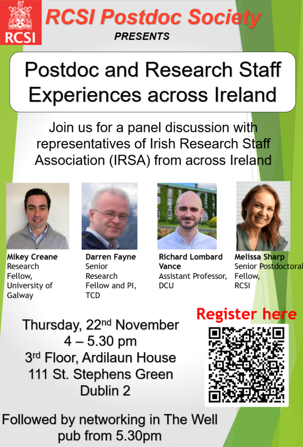 We're hosting a panel event for all postdocs & interested research staff in Ireland to share our experiences with the research ecosystem in Ireland, progress we’ve made, & challenges we all face. @ucdrsa @rsa_irish @TrinityRSA @MCAA_Ireland forms.office.com/Pages/Response…