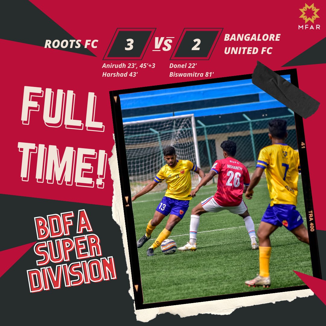 roots_football's tweet photo. RootsFC orchestrates a 3-2 victory over BUFC! 🎶⚽ A scoreline that echoes victory and determination! 🏆⚽
#GoRoots
.
.
.
#RootsTriumph #ScoreboardSaga #RootsFC #youthdevelopment #KSFA #BDFA #bengalurusuperdivision #bengalurufootball #footballinkarnataka #gameday #fulltime https://t.co/lQdzcmbBNF