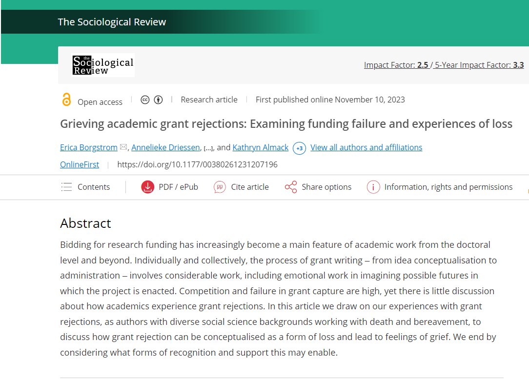 New paper alert!🌞Our reflection on the process of grant writing in academia, the losses it entails how they are hidden-and how it may be done otherwise,through a death studies lens. @EricaBorgstrom @johnmacartney @KathrynAlmack @MTKrawczyk_42 @DrEmmaKirby doi.org/10.1177/003802…