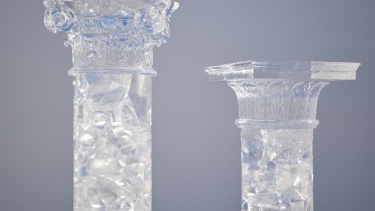 twxr_dev's tweet photo. 様々な物を氷化してみました❄️
破片が複雑に重なり合ってるため、透明感を出すのにパストレーシングの最大バウンス数を「32」まで上げています。
#UE5 #UEstudy #ice #pathtracer https://t.co/60wHOAhn8s