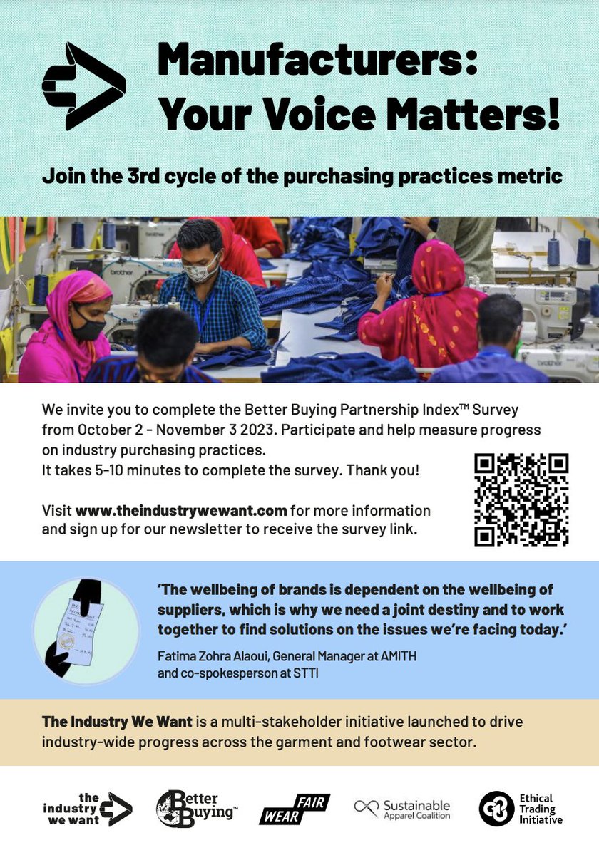 IndustryWeWant's tweet image. 🤝 Transforming #purchasingpractices in the #garmentindustry: Join us in the @BetterBuying Partnership IndexTM survey. 📋Remember that you can submit the survey as MANY TIMES as the number of brand partners you want to rate!
🔗survey.alchemer.com/s3/7511713/Bet…