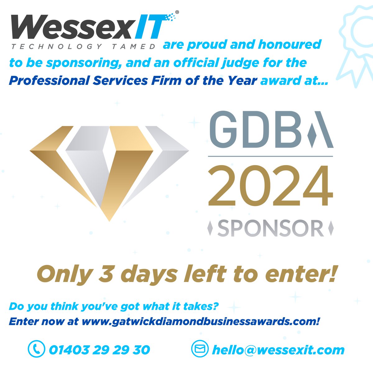 Go to the @GDBMembership Awards 2024 website below to enter! 👇 You only have 3 days left! 🚨 gatwickdiamondbusinessawards.com #GDB #GDBA #GDBA2024 #GDBAwards #ITSupport #ITSupportWestSussex #WestSussex #ITSupportSussex #Sussex #MSP #EndpointProtection #Cybersecurity #ITSecurity