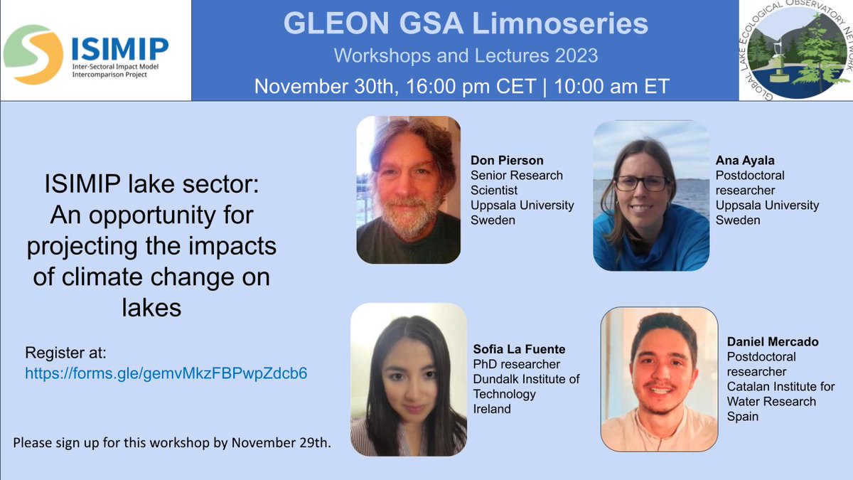 Join us to the next <a href="/GLEONetwork/">GLEON</a> Limnoseries "ISIMIP lake sector: An opportunity for projecting the impacts of climate change on lakes" on November 30th by Don Pierson, Ana Ayala, Daniel Mercado and me. 
You can register at forms.gle/gemvMkzFBPwpZd…  
Attendance is free!
