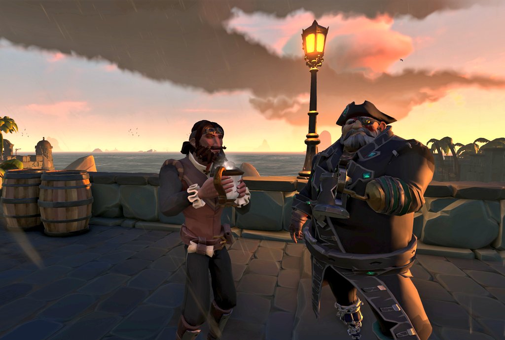 Truman_Crafts's tweet photo. At the end of my session last night, the one and only Mr Black Dog @YerOldCaptain came to visit #PortMerrick.

While our time was limited it was great chatting. We're have to set sail sometime soon.
#SeaOfThieves https://t.co/HasrAbSBCg