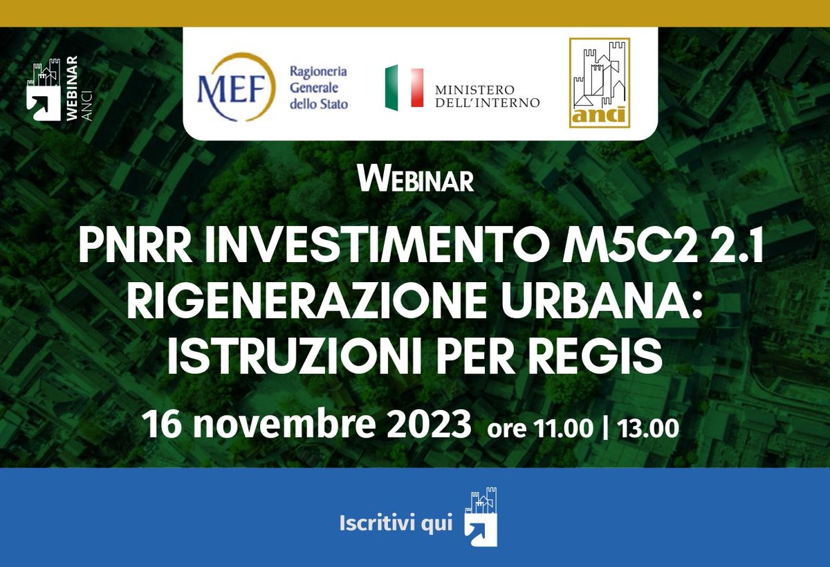 comuni_anci's tweet photo. 🔹 WEBINAR RIGENERAZIONE URBANA 🔹
Il 16 novembre alle 11 si terrà il webinar “PNRR Rigenerazione Urbana: istruzioni per Regis”, occasione per dare le istruzioni sulle procedure di rendicontazione e monitoraggio dei progetti PNRR. 

Info e iscrizioni qui > https://t.co/xQDNpzzskZ https://t.co/RNGqK5Y1wE