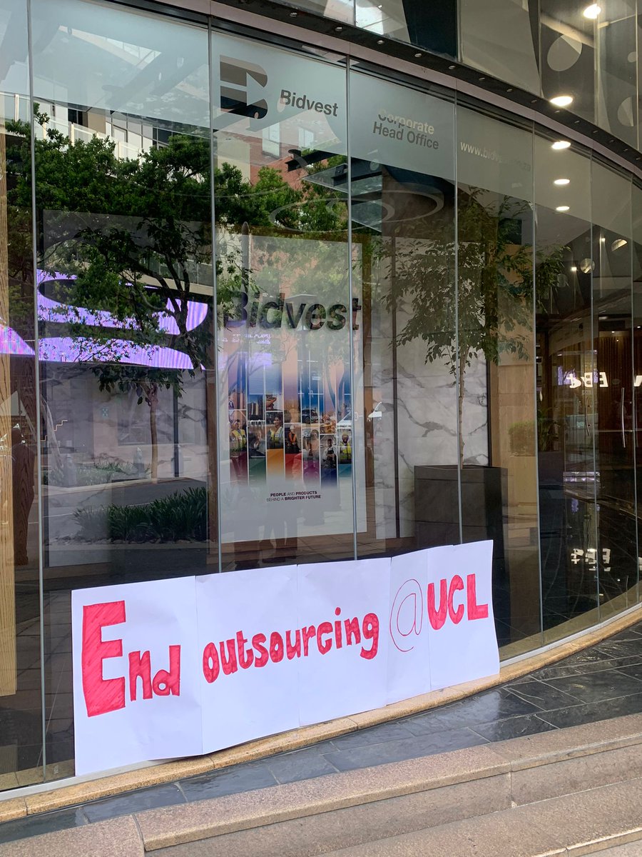 The campaign to end outsourcing at UCL reached South Africa last week 🇿🇦! A brave worker protested outside @BidvestNoonan's Johannesburg HQ demanding an end to their exploitative operations at UCL and beyond. Our message is travelling far and wide - @UCL when will you act?