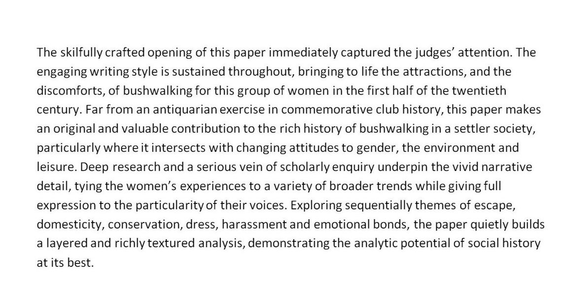 KEN INGLIS PRIZE
Congrats to Ruby Ekkel @ruby_ekkel (ANU), winner of the 2023 Ken Inglis Postgraduate Prize for her essay - ‘Thrills! And More Thrills!!’ The Meanings of a Bushwalk with the Melbourne Women’s Walking Club, 1922–1945  
#OzHist #socialhistory
Judges' citation below
