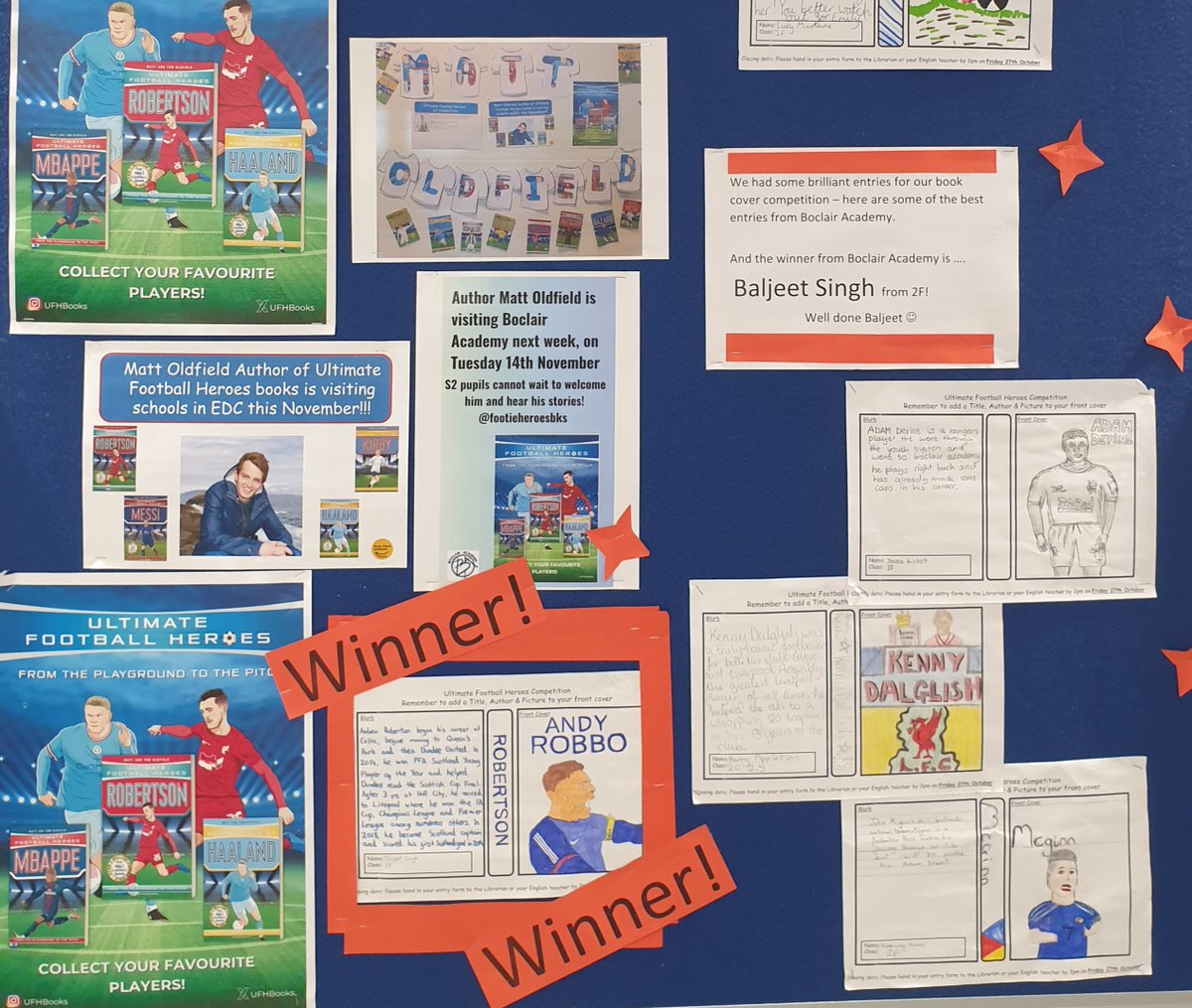 @boclairacademy pupils are loving #BookWeekScotland events in @boclairenglish and @boclairlibrary and today's the day we meet Matt <a href="/footieheroesbks/">Matt Oldfield</a>! Well done to all Boclair Academy pupils who entered the book cover competition- our overall winner is Baljeet from 2F!