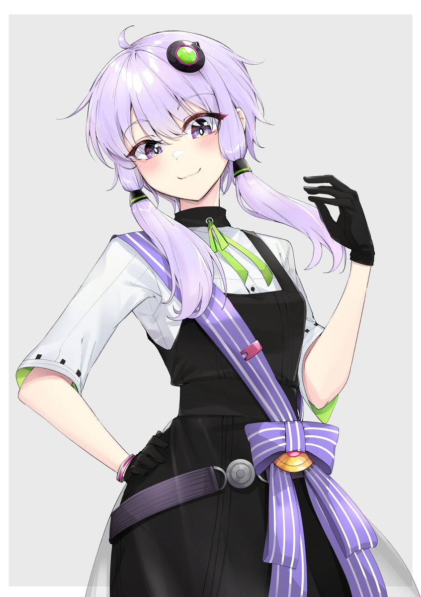 yuzuki yukari 1girl solo gloves black gloves purple eyes purple hair hand on hip  illustration images