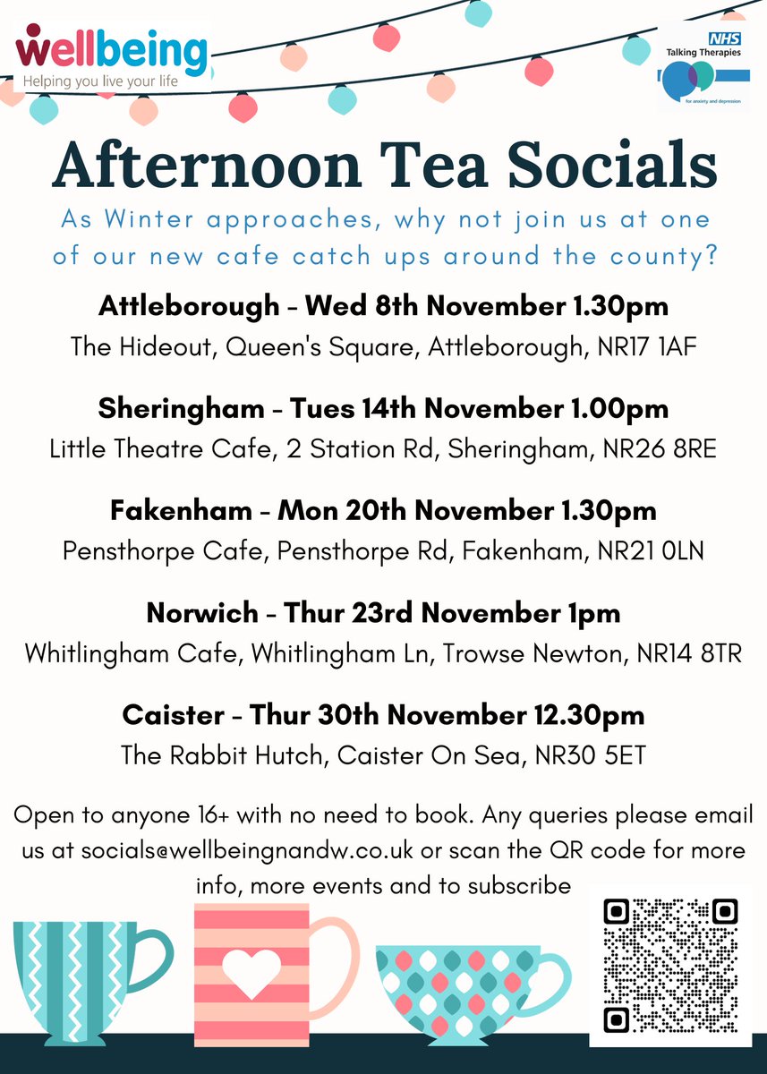 There are some new Afternoon Tea Socials popping up around the county ☕🍰Why not pay a visit to one, get warmed up inside with a cup of tea and meet some new people? 🙂For more info, contact socials@wellbeingnandw.co.uk