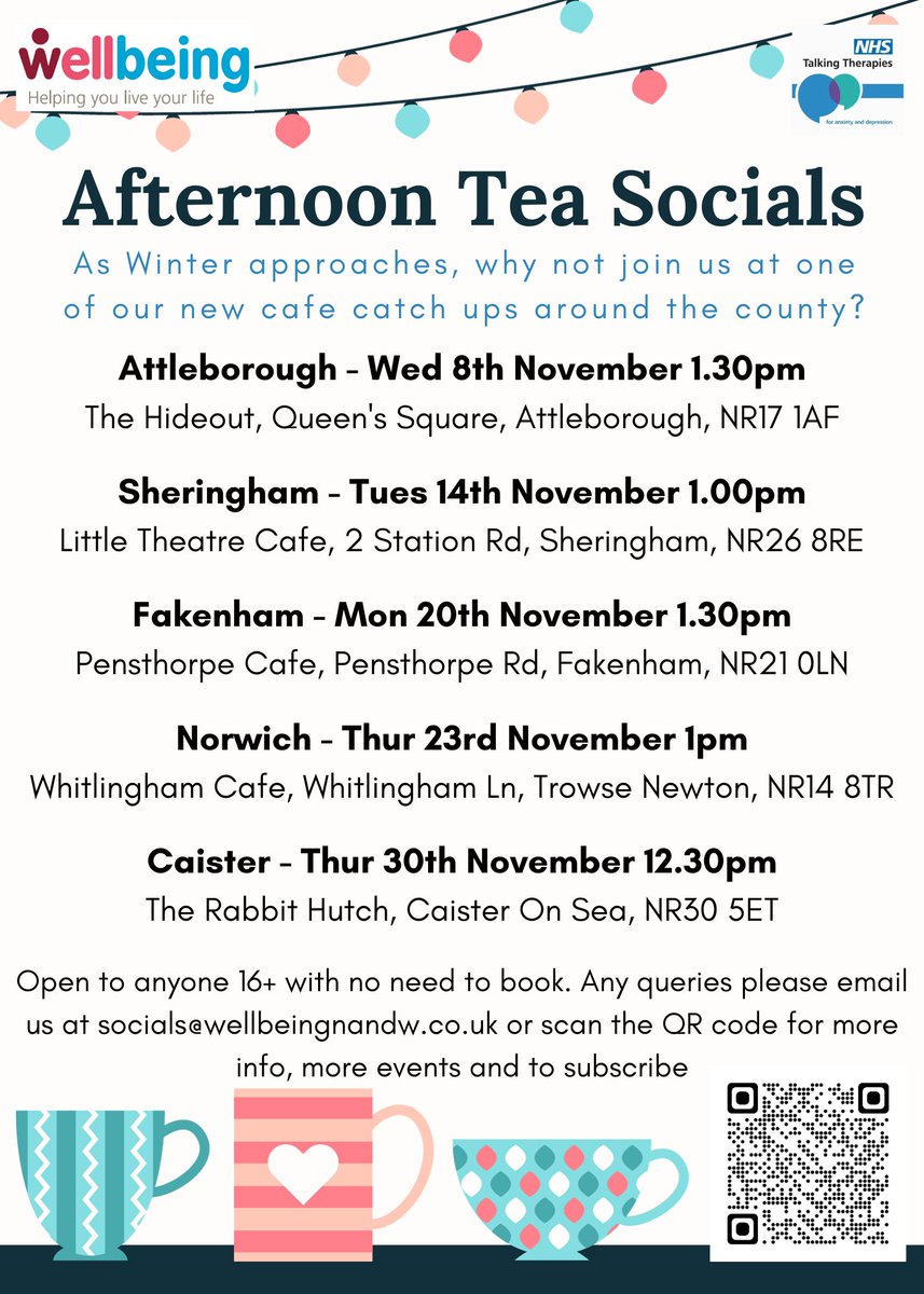 Age UK Norfolk (@ageuknorfolk) on Twitter photo There are some new Afternoon Tea Socials popping up around the county ☕🍰Why not pay a visit to one, get warmed up inside with a cup of tea and meet some new people? 🙂For more info, contact socials@wellbeingnandw.co.uk There are some new Afternoon Tea Socials popping up around the county ☕🍰Why not pay a visit to one, get warmed up inside with a cup of tea and meet some new people? 🙂For more info, contact socials@wellbeingnandw.co.uk