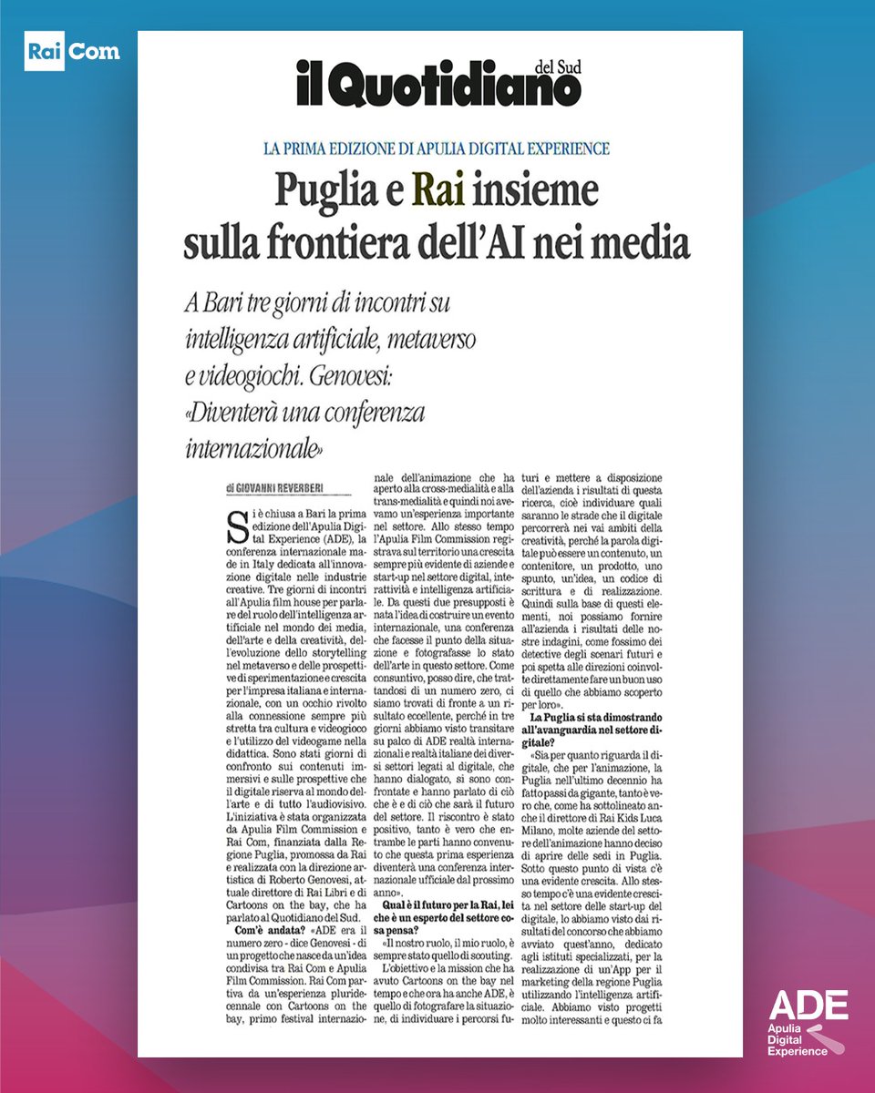 Raicomspa's tweet photo. #𝐫𝐚𝐬𝐬𝐞𝐠𝐧𝐚𝐬𝐭𝐚𝐦𝐩𝐚
🗞 Un lungo articolo di Giovanni Reverberi su @LAltravoce che parla di #Ade
#ApuliaDigitalExperience #ai #metaverse #QuotidianoDelSud https://t.co/kp4wC35sEp
