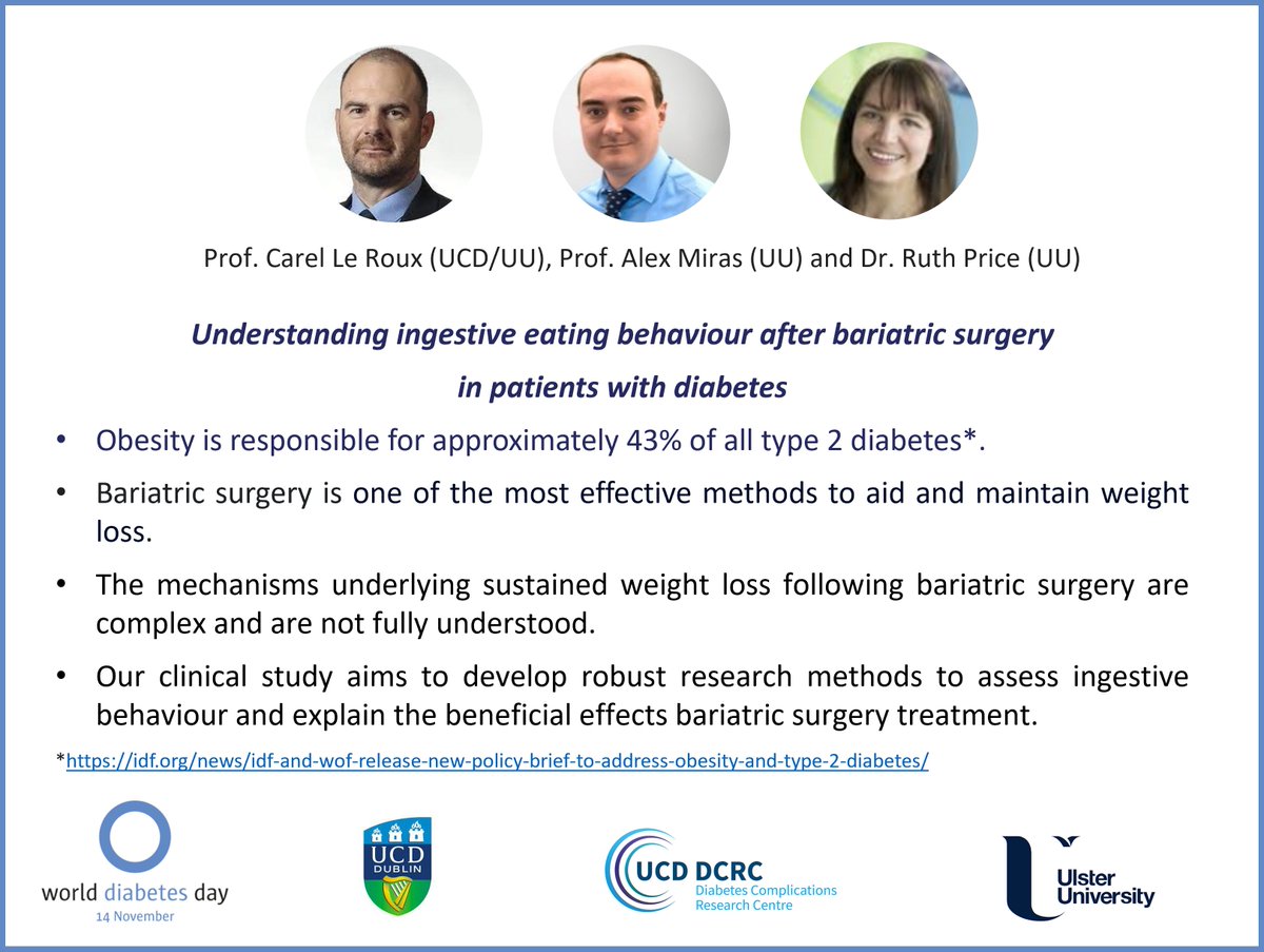 Today is #WorldDiabetesDay. Read more about @UCDDCRC research “Understanding ingestive eating behaviour after bariatric surgery in patients with diabetes” at ucd.ie/medicine/news/… @IntDiabetesFed @UCDMedicine @UlsterUni